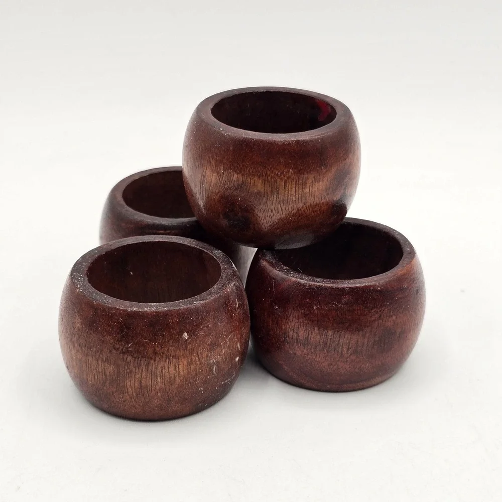 Vintage Wood Napkin Rings Set of 4 Treen Wooden Brown Minimalist Table